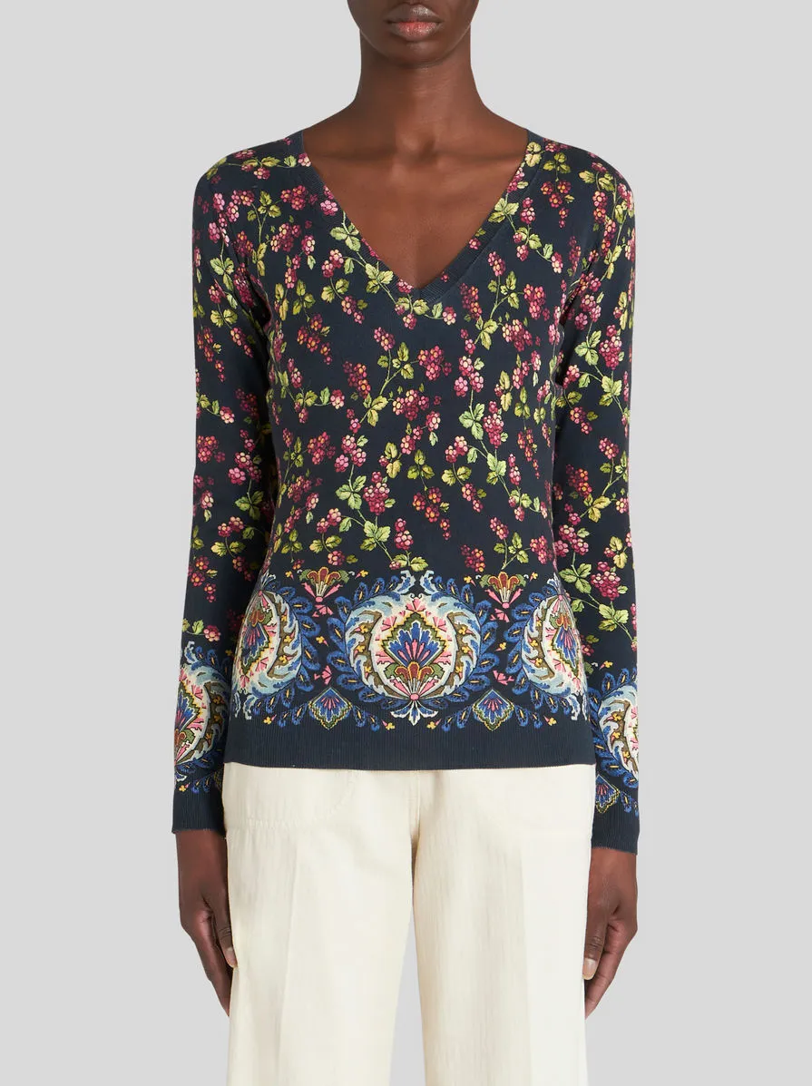 Floral Patterned V-Neck Knitted Top