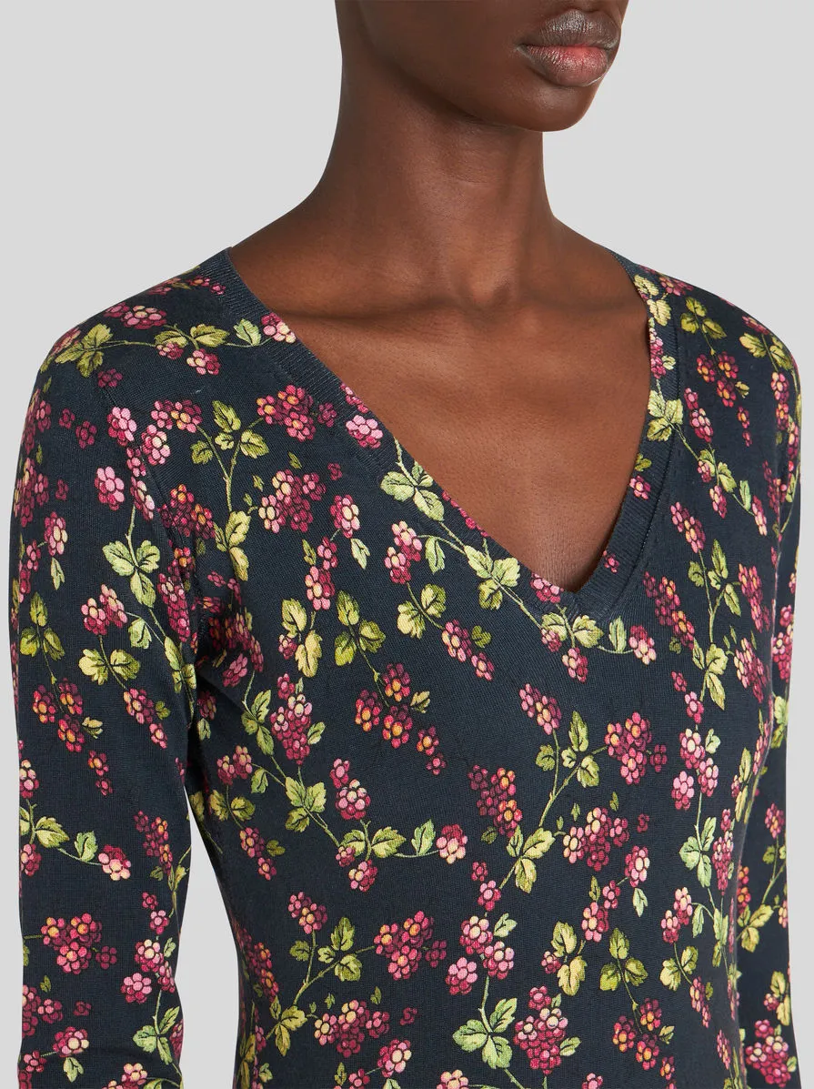 Floral Patterned V-Neck Knitted Top