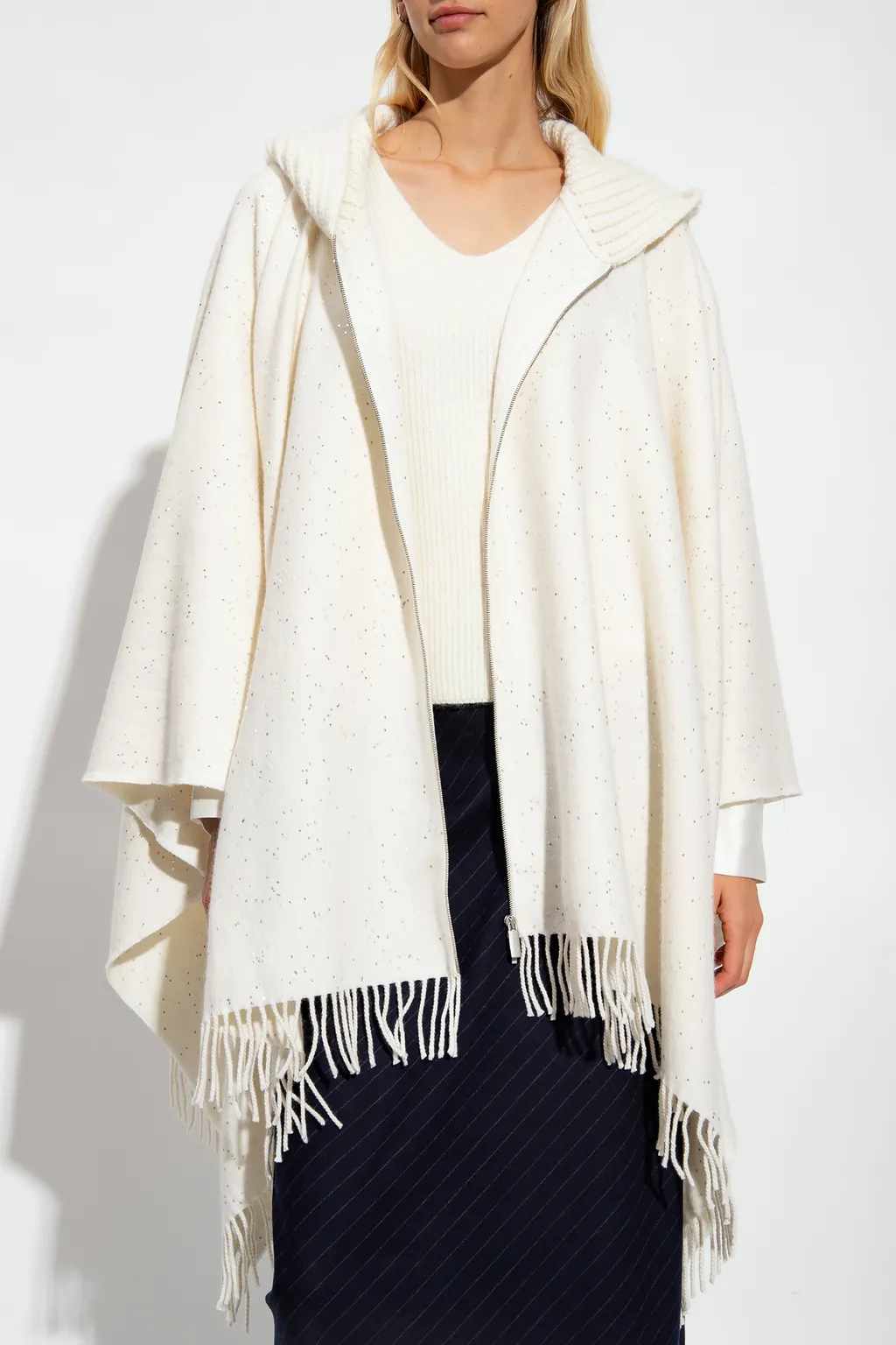 Sequin Embellished Fringed Hooded Cloak