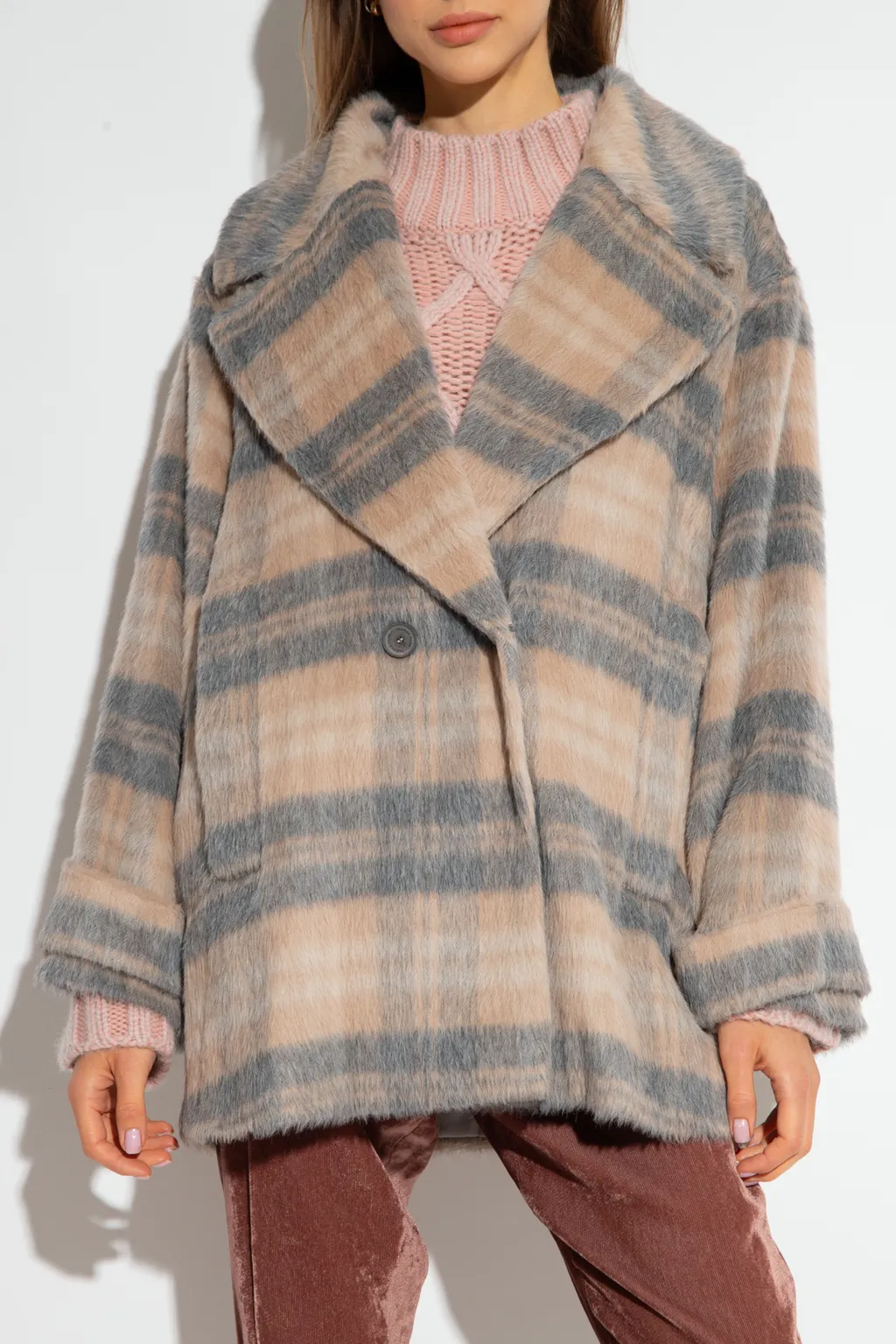 Cropped Checked Double Breasted Coat
