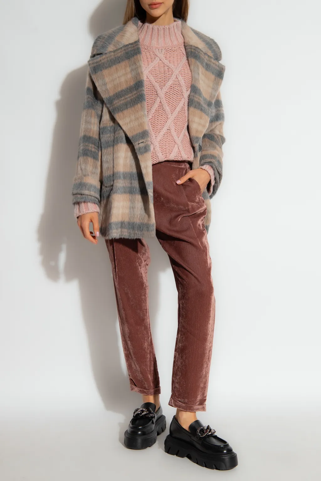 Cropped Checked Double Breasted Coat