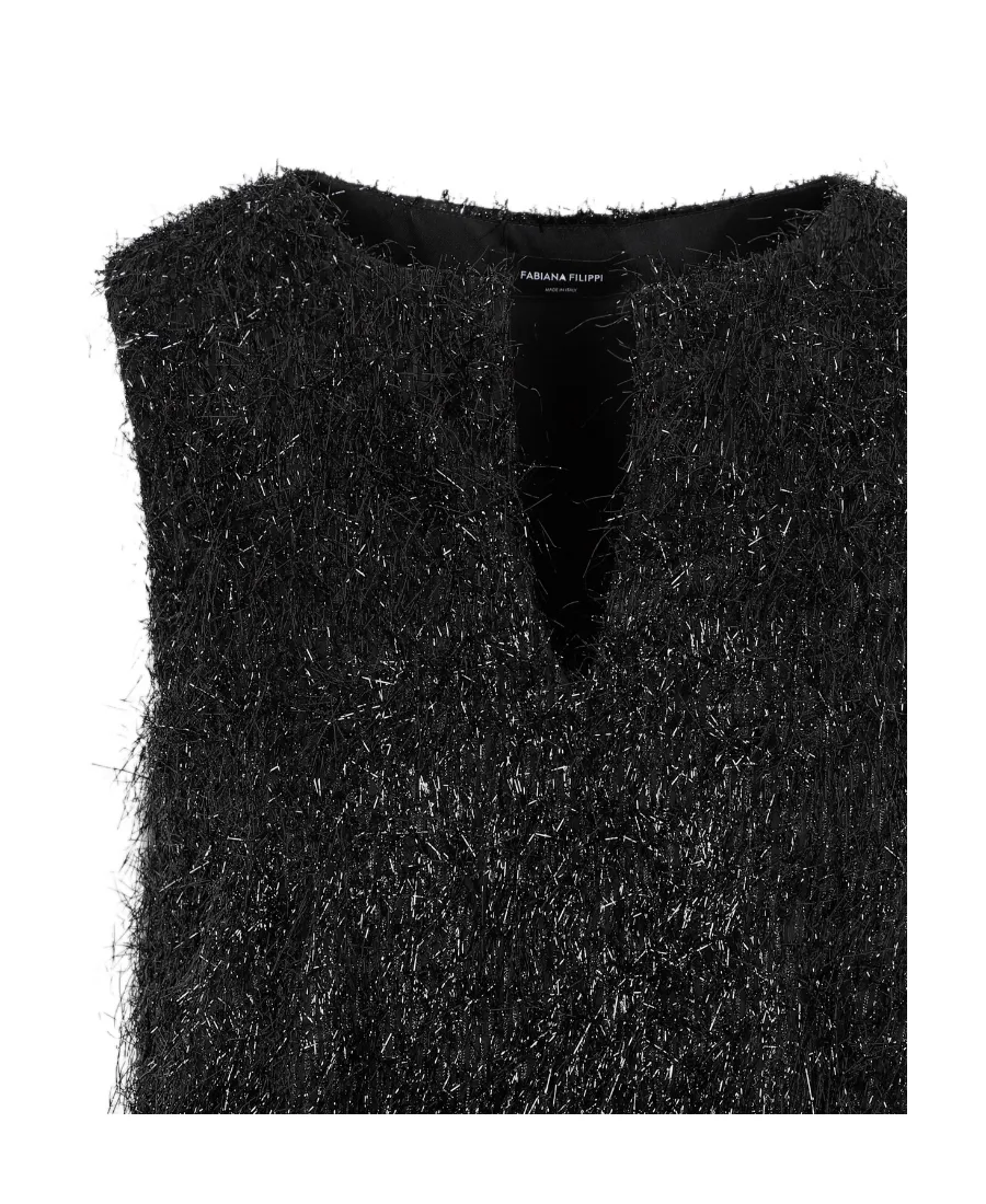 Metallic-Threading Fringed Sleeveless Dress