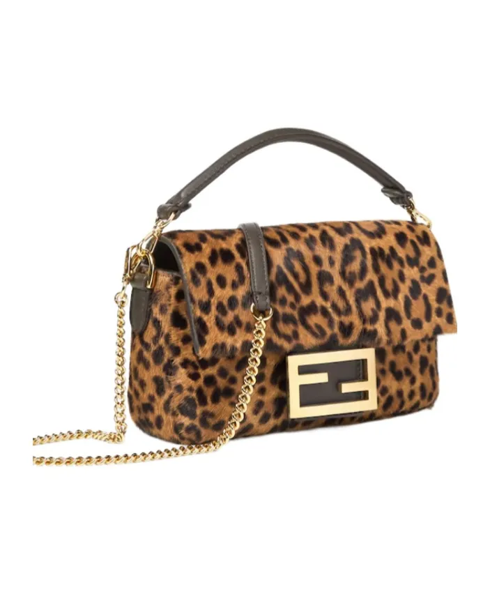Mini Baguette Leopard-Print Chain Tote Bag