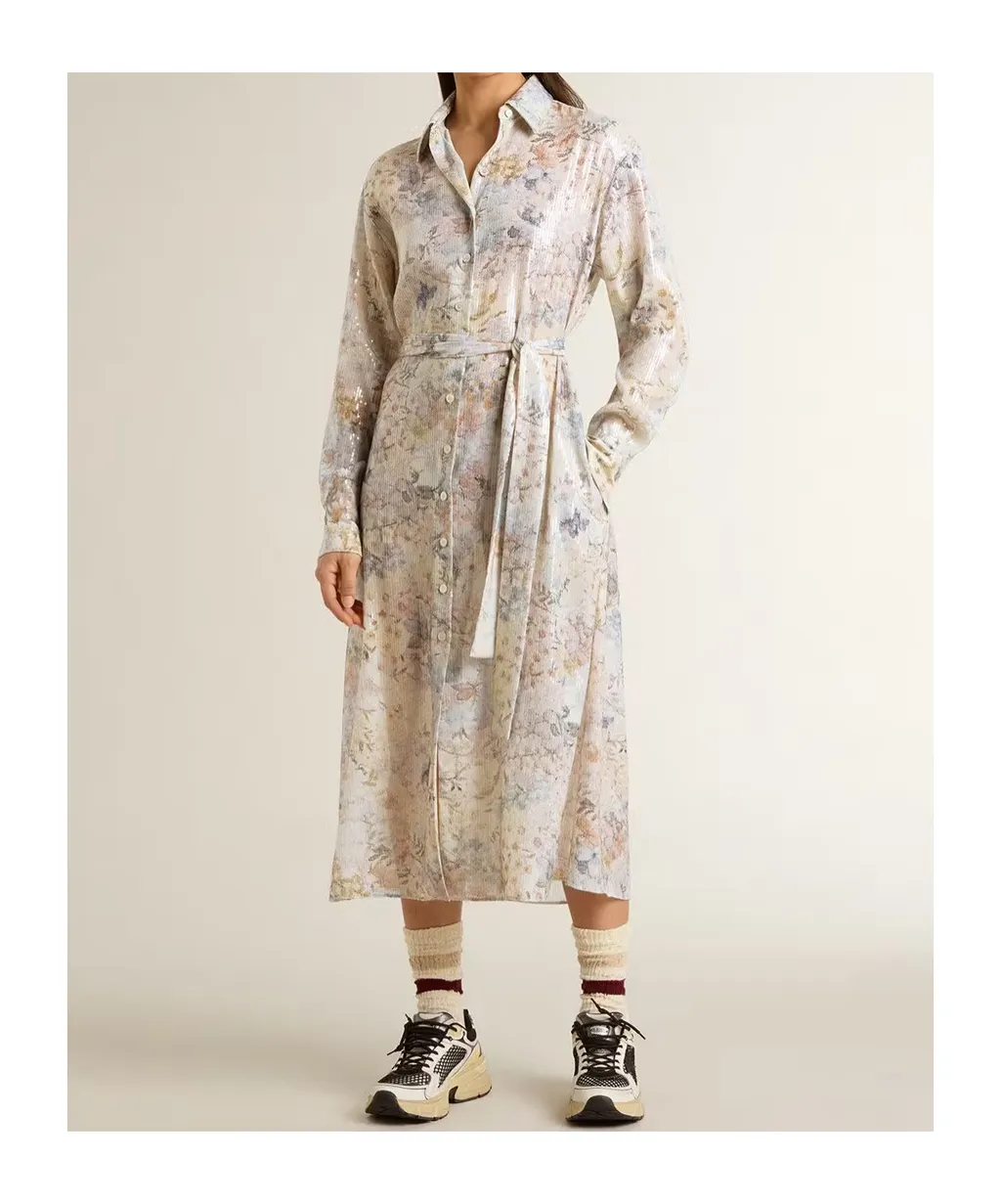 Sequin Floral Shirt Midi Day Dress