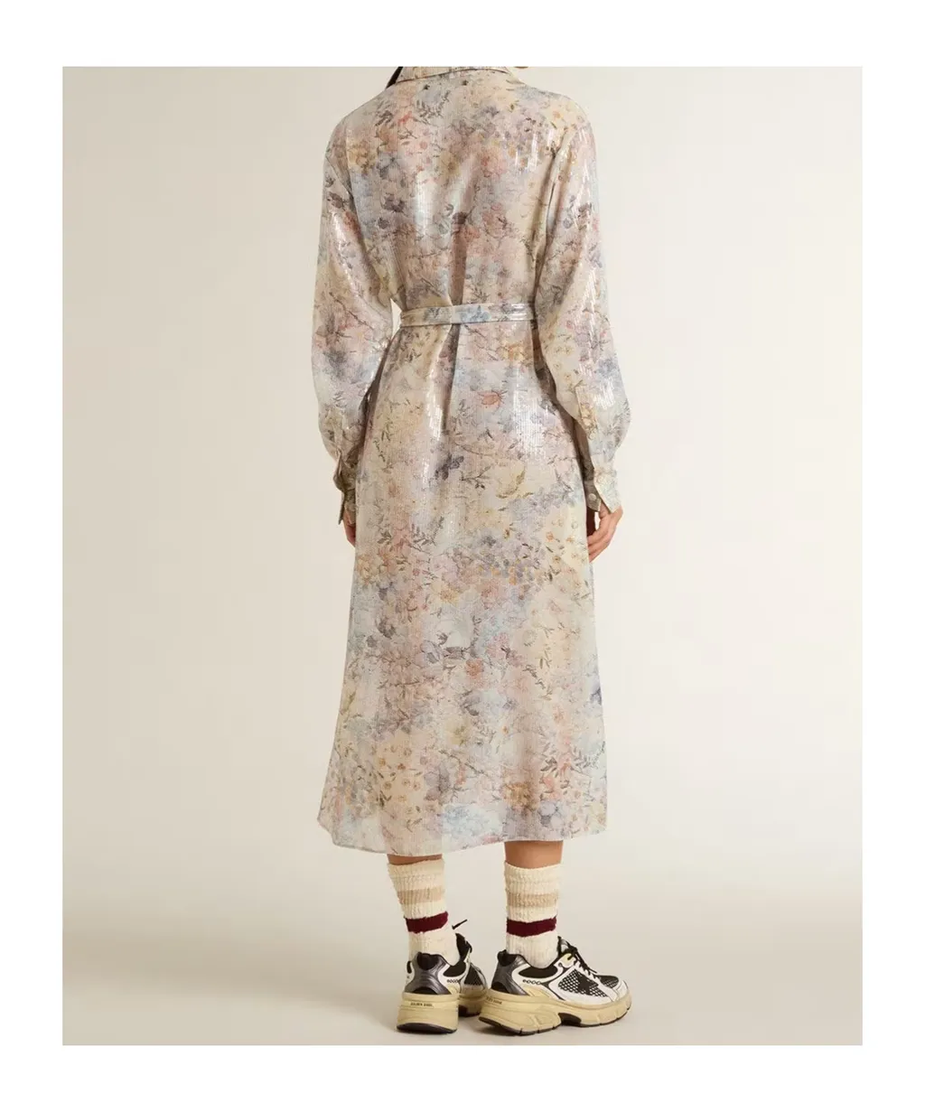 Sequin Floral Shirt Midi Day Dress