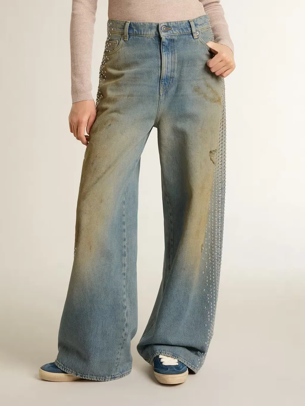 Wide-Leg Distressed Embellished Jeans