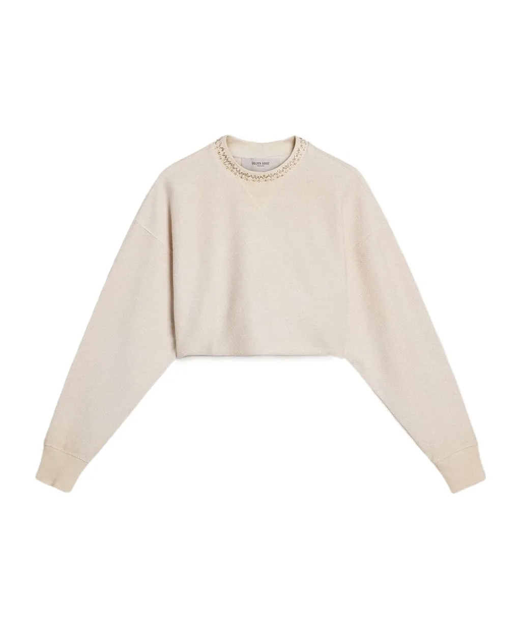 Embellished-Neck Cropped Sweatshirt