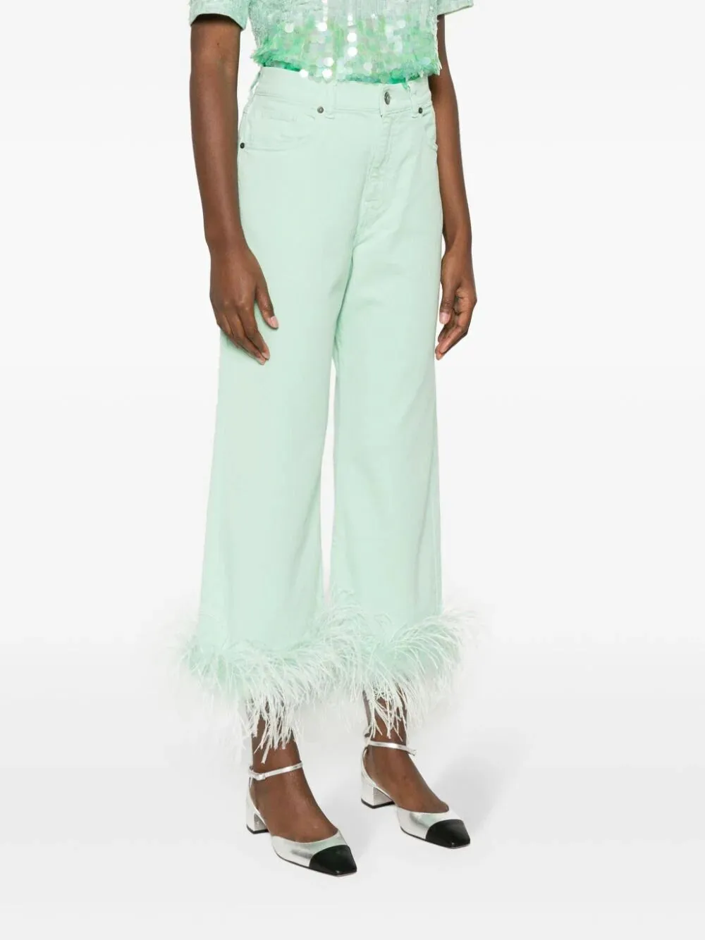 Feather-Trim Stretch-Cotton Jeans