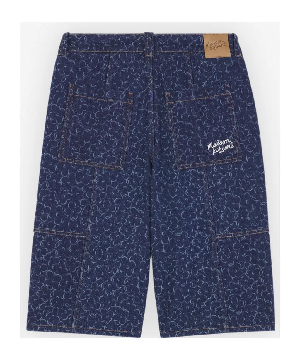 Abstract Daisy-Printed Knee-Length Denim Shorts