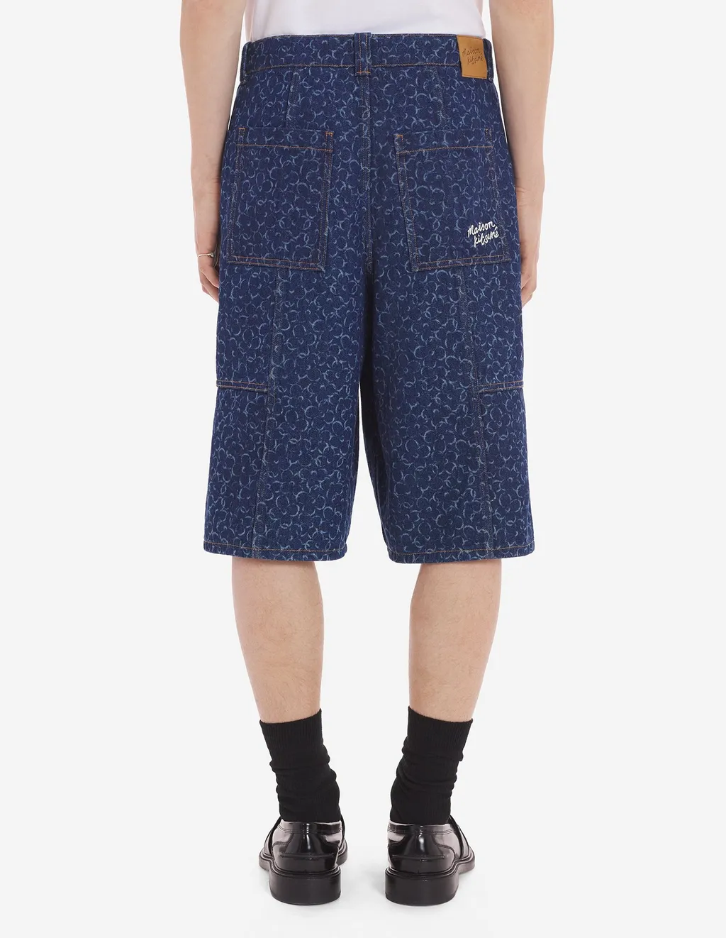 Abstract Daisy-Printed Knee-Length Denim Shorts