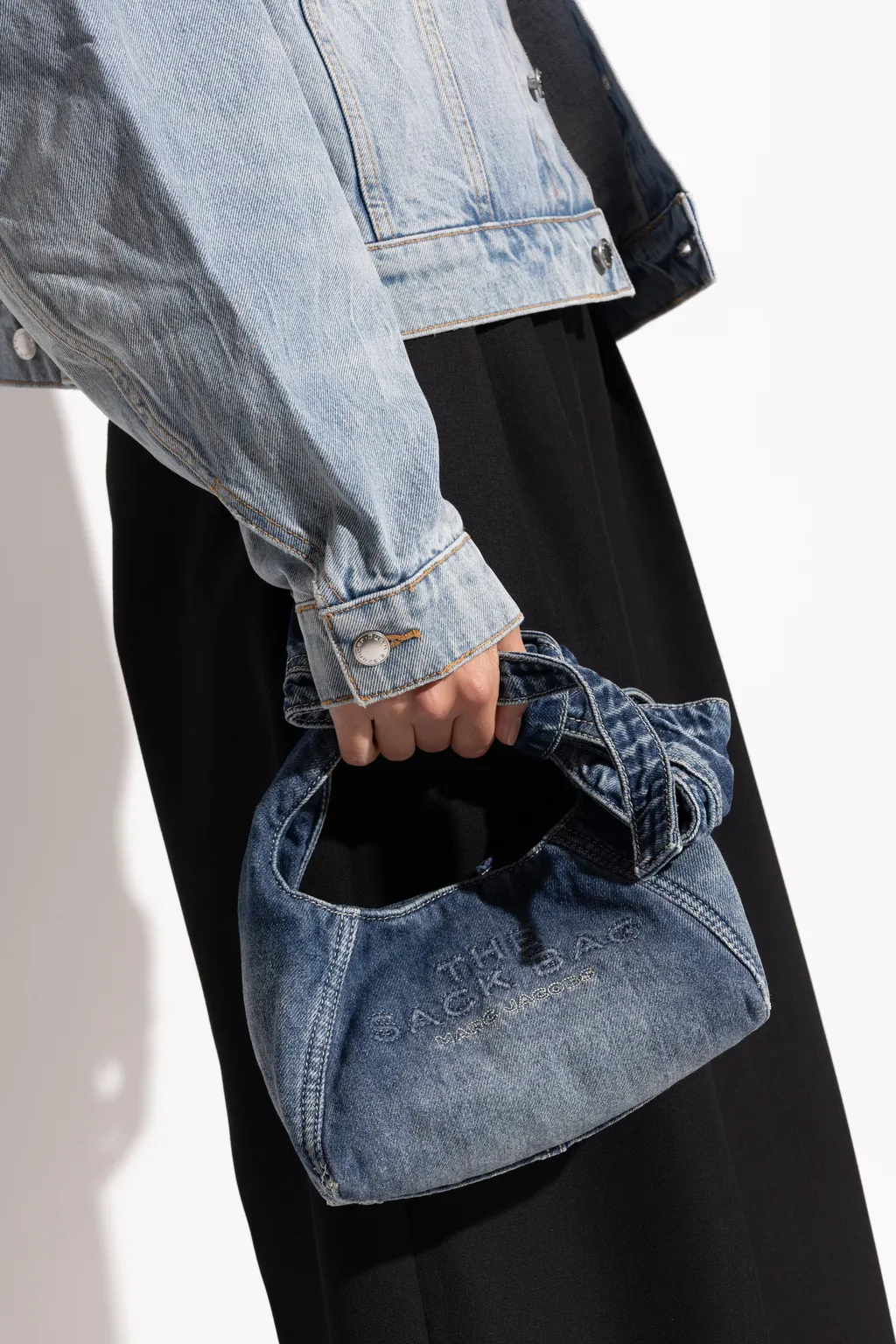 The Bow Denim Mini Sack Bag