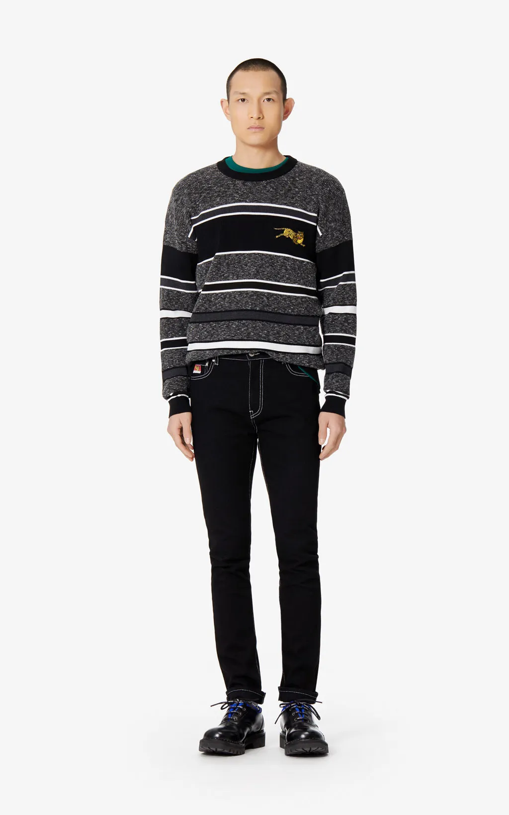 Tiger Embroidered Striped Pullover