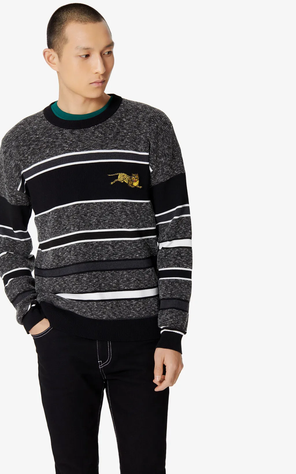 Tiger Embroidered Striped Pullover