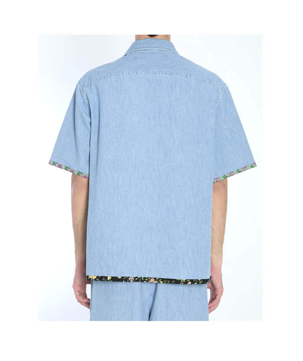 Floral Trim Button-Up Denim Shirt