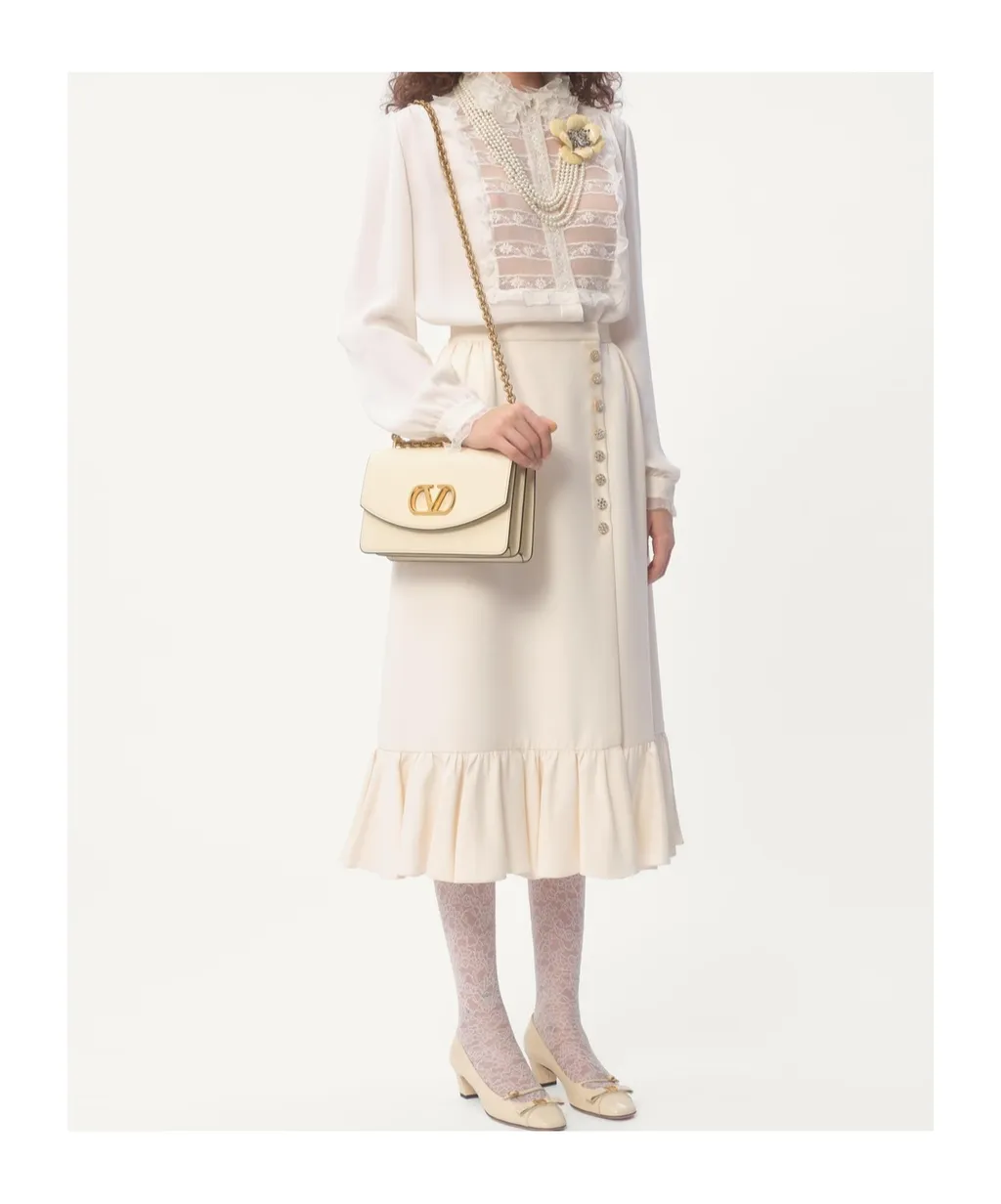 Crepe Couture Ruffled Hem Midi Skirt