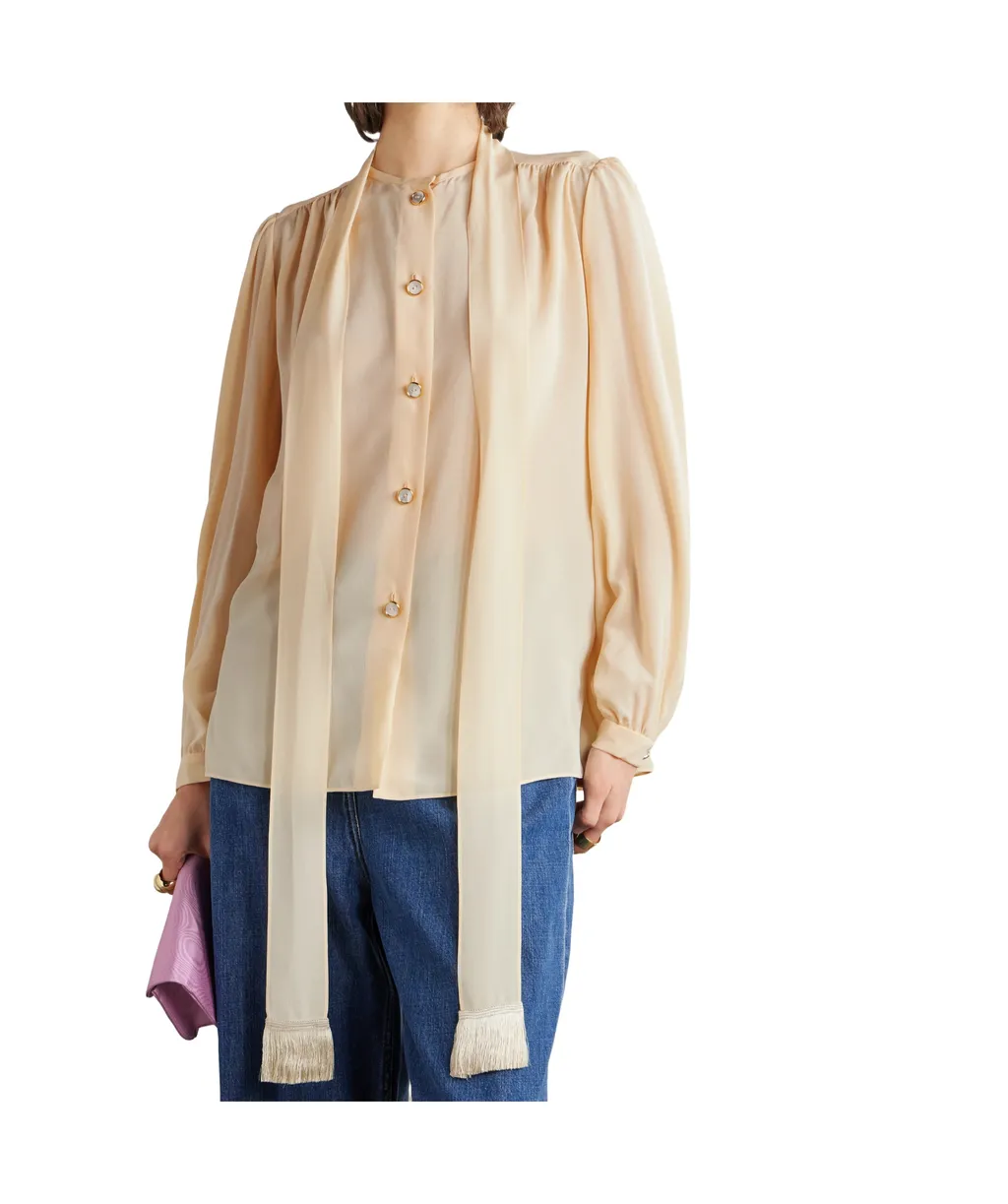 Fringed Pussy-Bow Chiffon Shirt