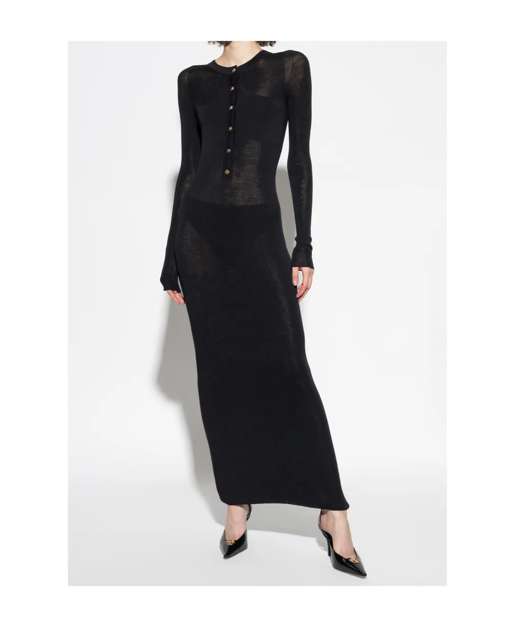 Lace-Insert Button-Front Midi Dress