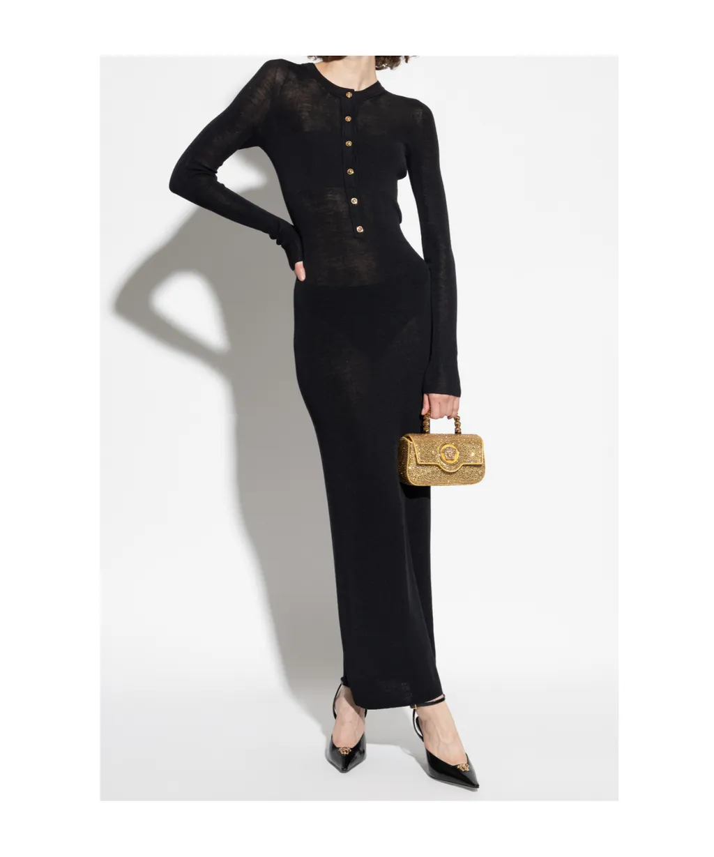 Lace-Insert Button-Front Midi Dress