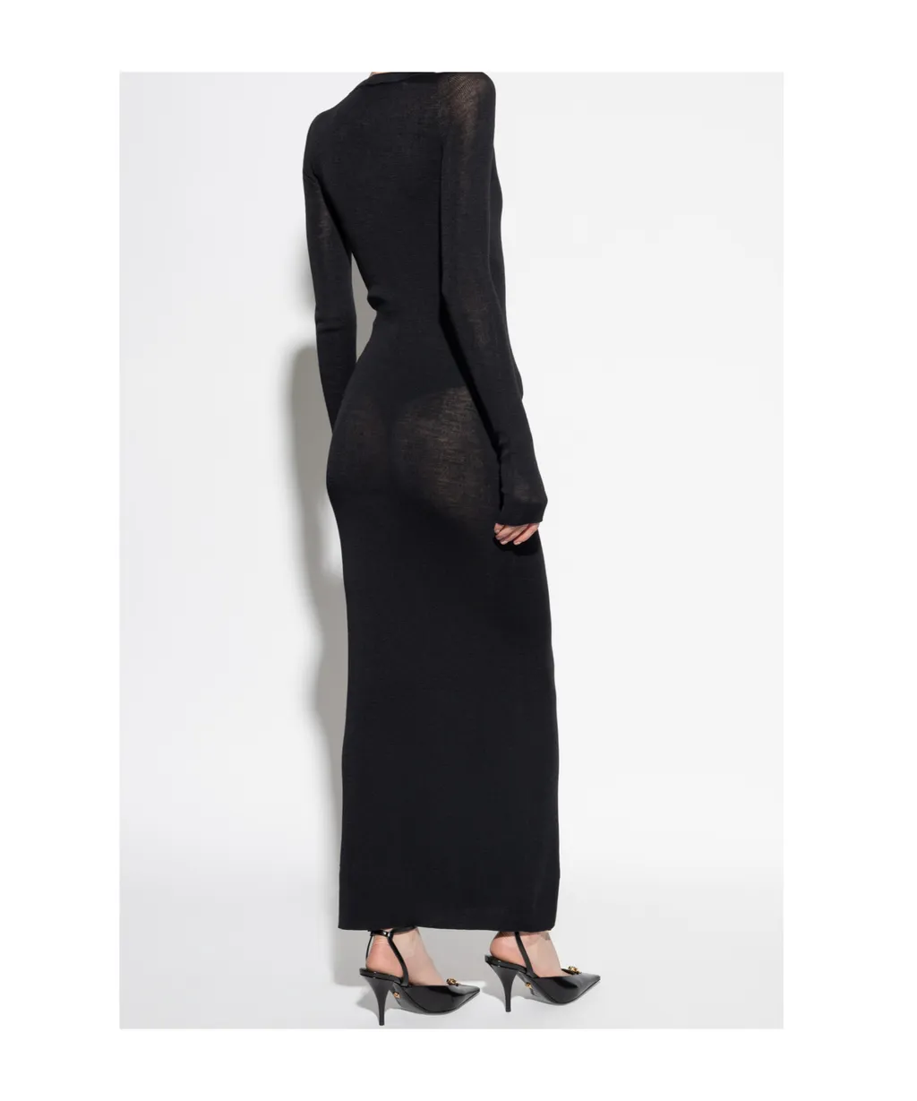 Lace-Insert Button-Front Midi Dress