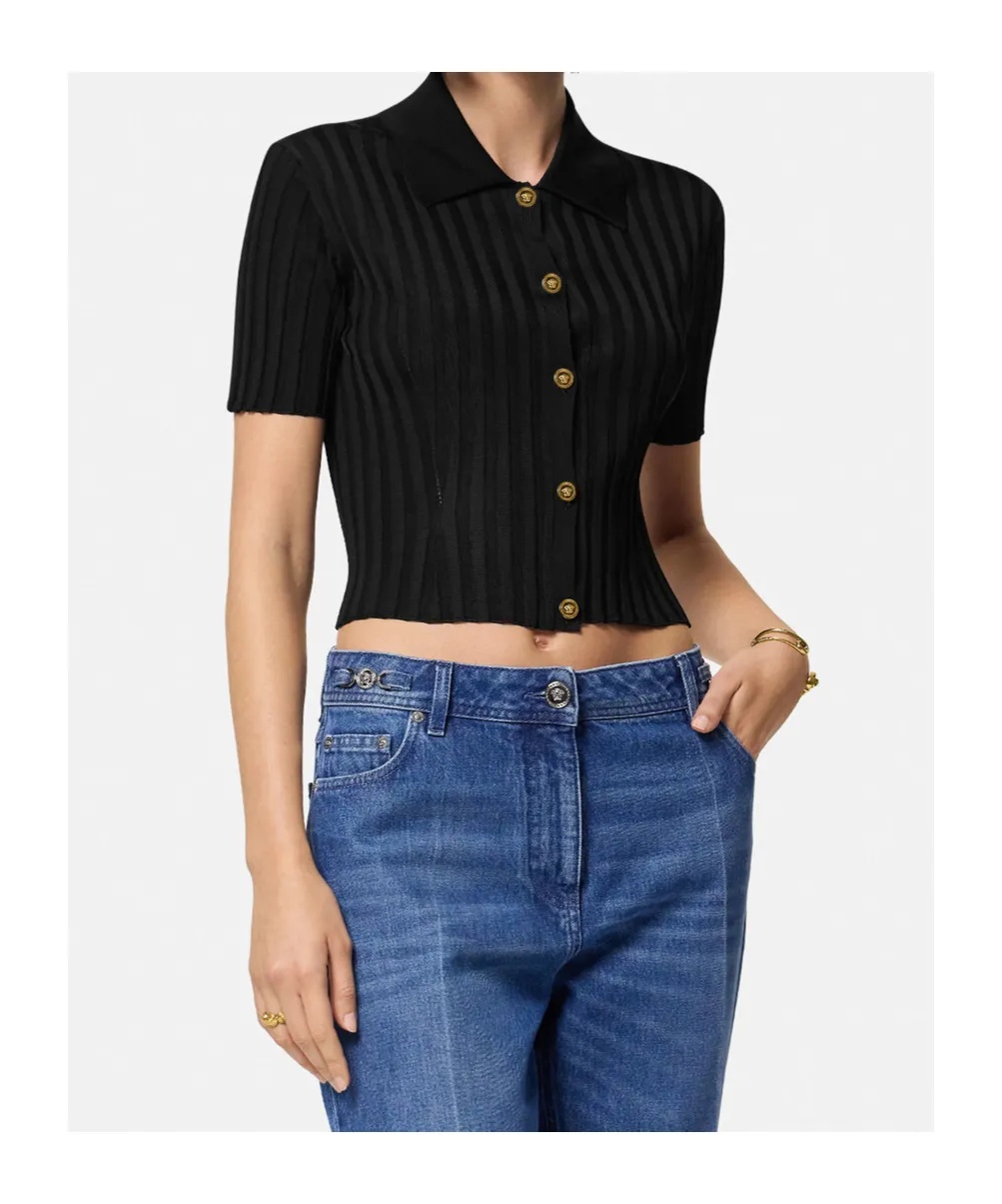 Short-Sleeved Button-Up Knitted Shirt