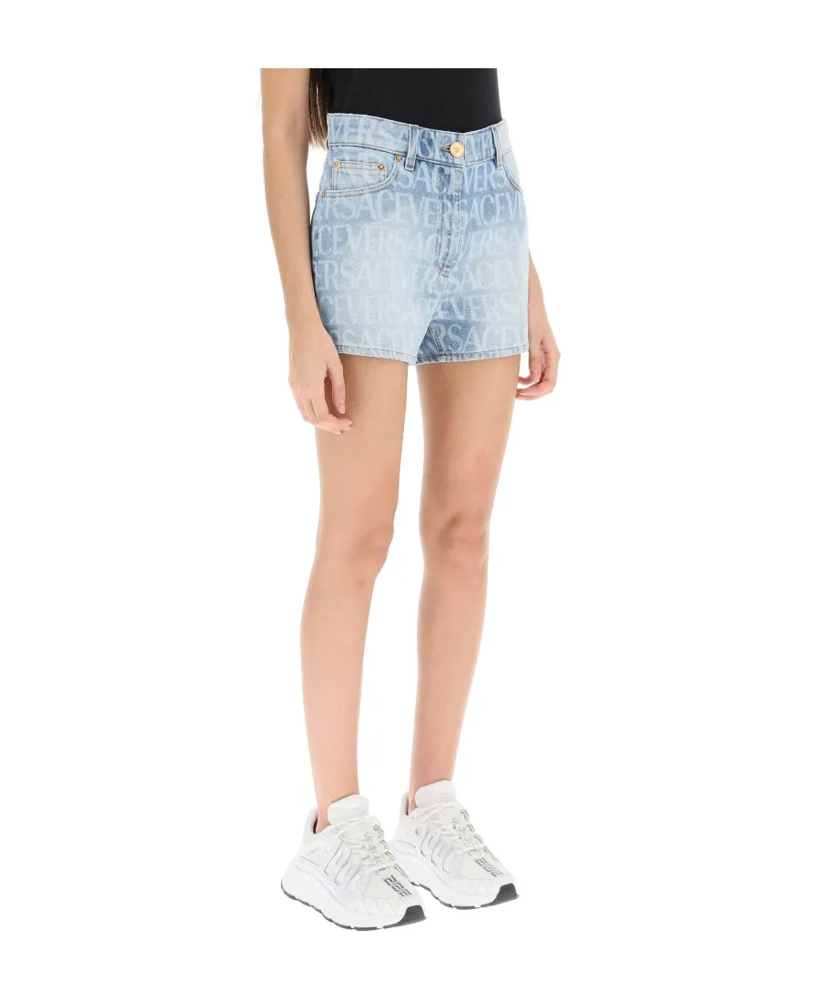Allover Logo Printed Denim Shorts