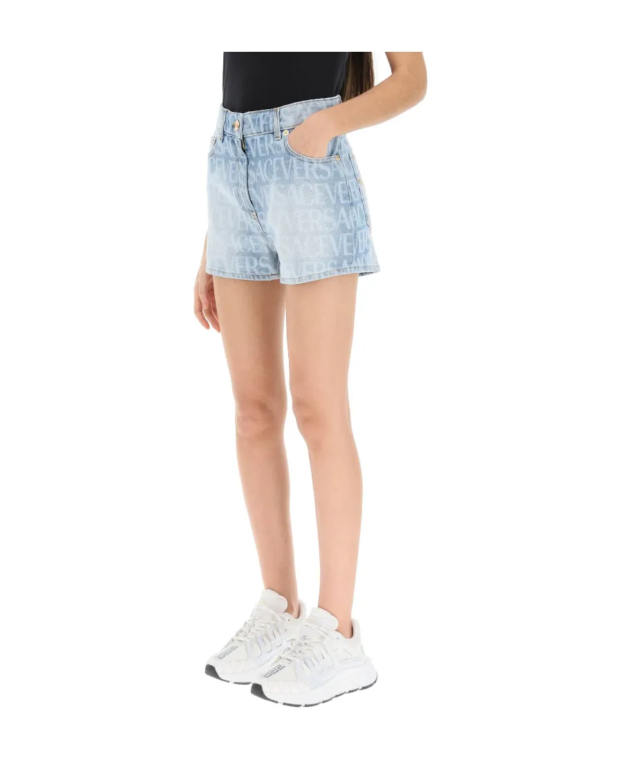 Allover Logo Printed Denim Shorts