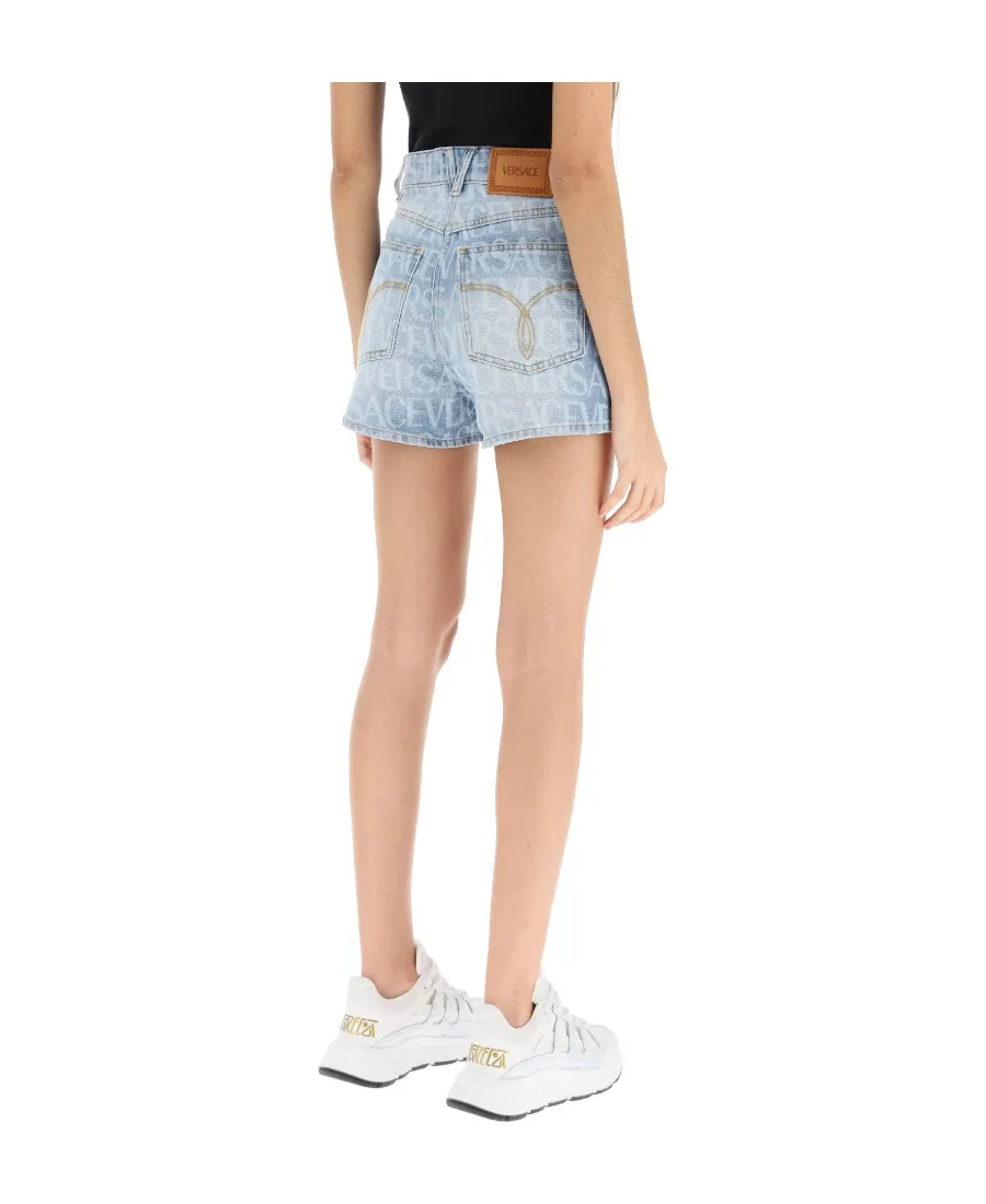 Allover Logo Printed Denim Shorts