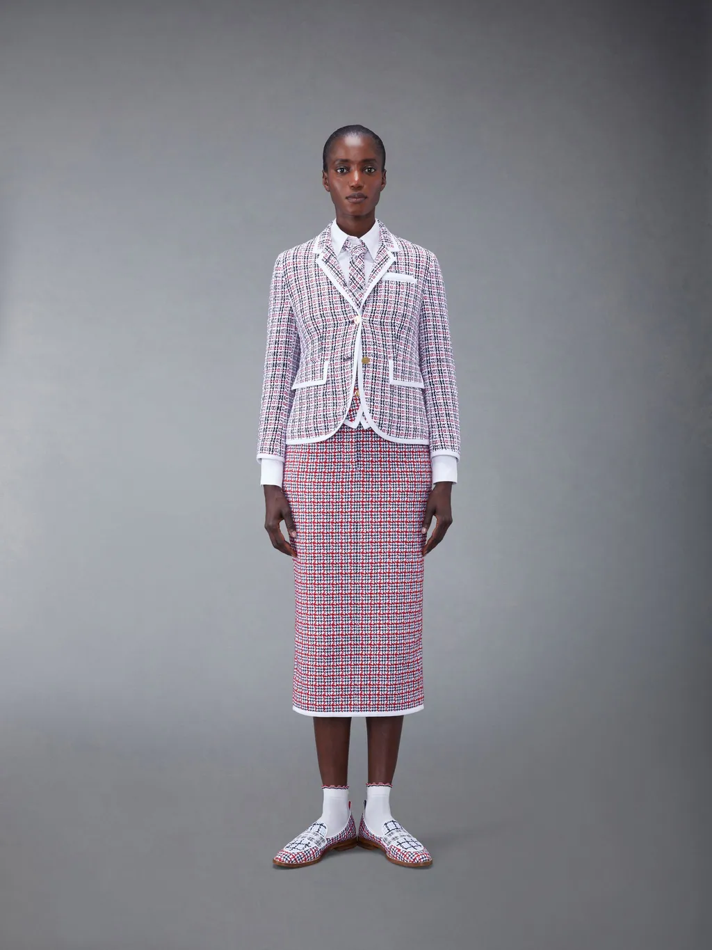 Check-Pattern Buttoned Tweed Jacket