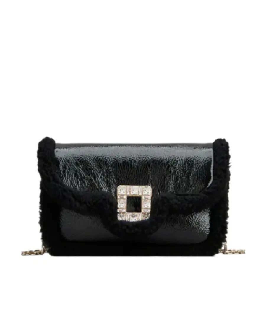 Jeu De Fille Viv' Shearling Strass Buckle Clutch Bag In Patent Leather