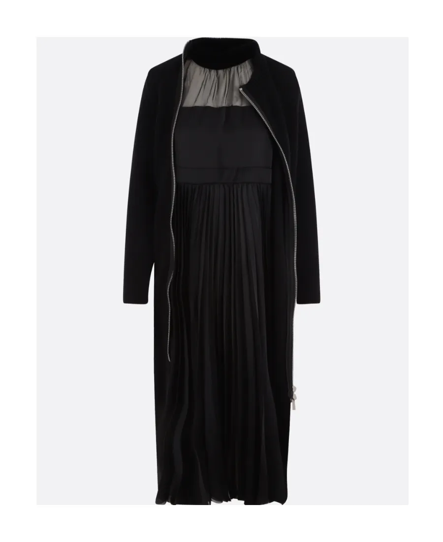 Layered Pleated Zip-Up Midi Dress