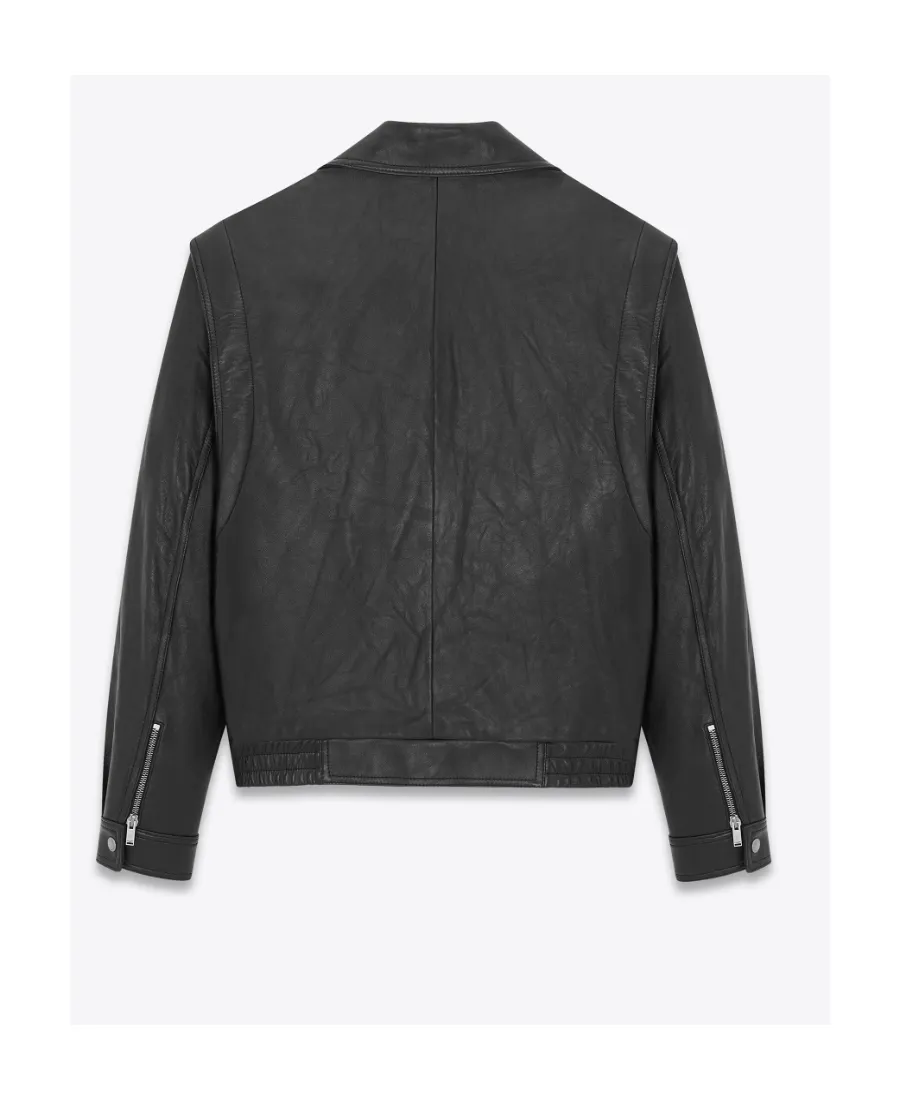 Crinkled-Effect Biker Leather Jacket