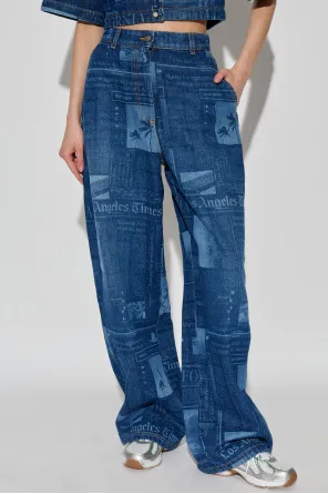 Newspaper-Print Cotton Jeans