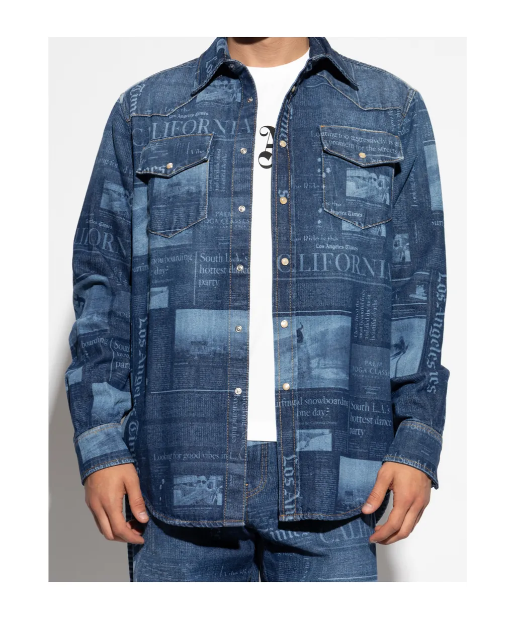 Newspaper-Print Denim Shirt