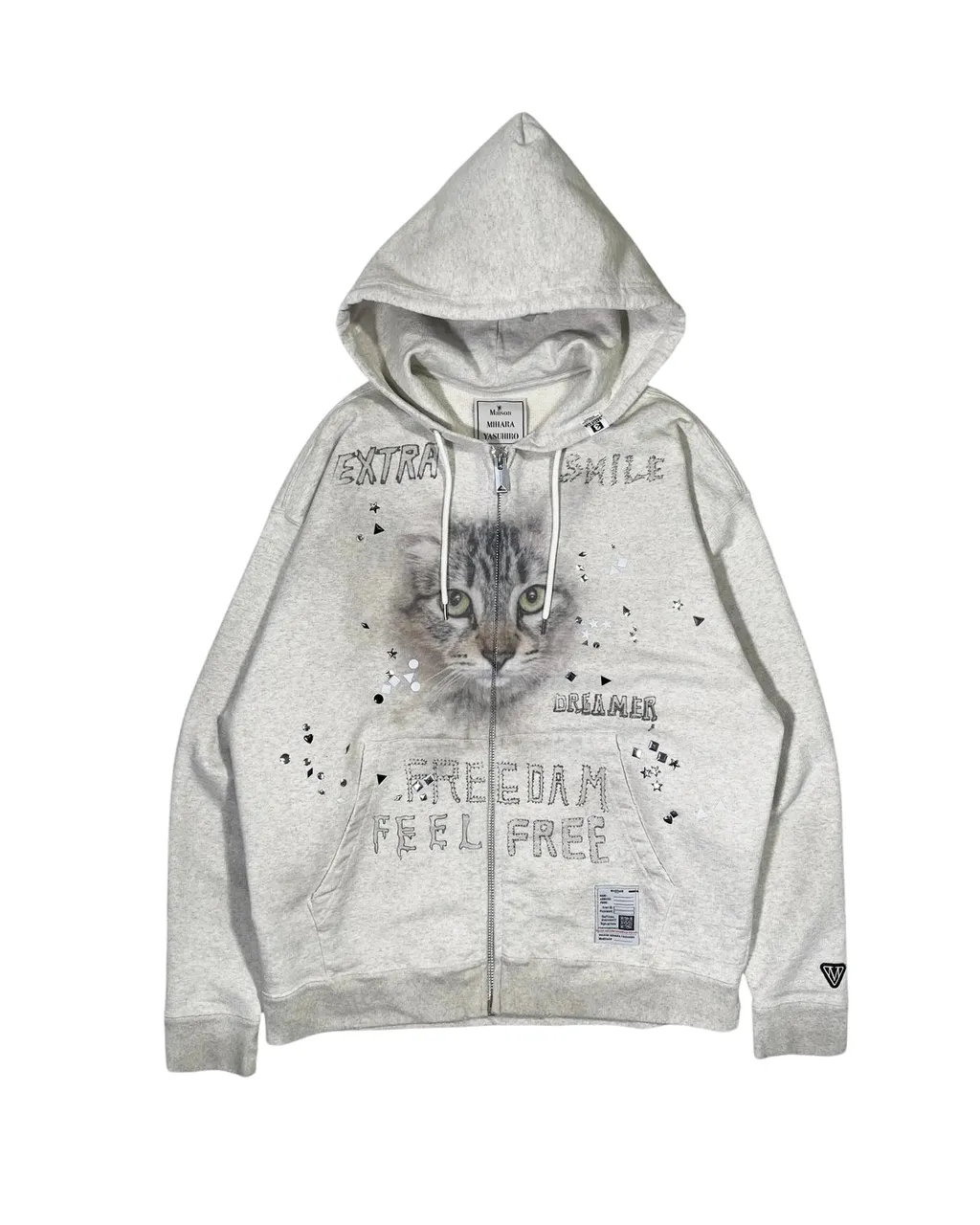 Animal Printed Embellished Distressed Zip-Up Hoodie