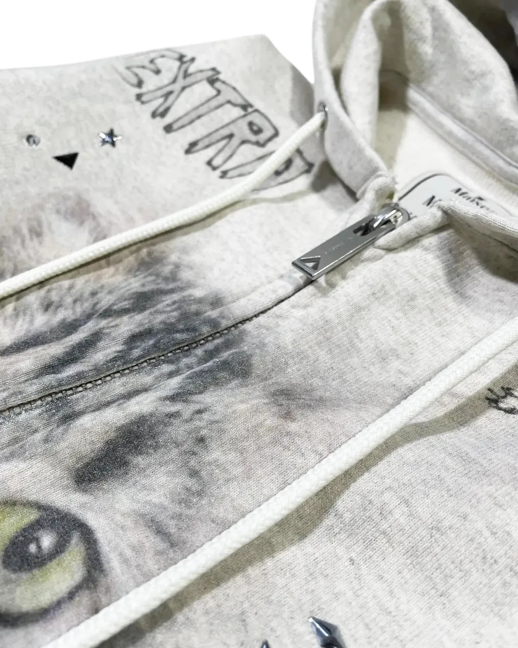 Animal Printed Embellished Distressed Zip-Up Hoodie