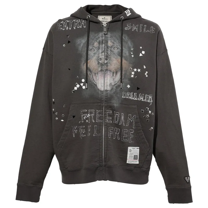 Animal Printed Embellished Distressed Zip-Up Hoodie