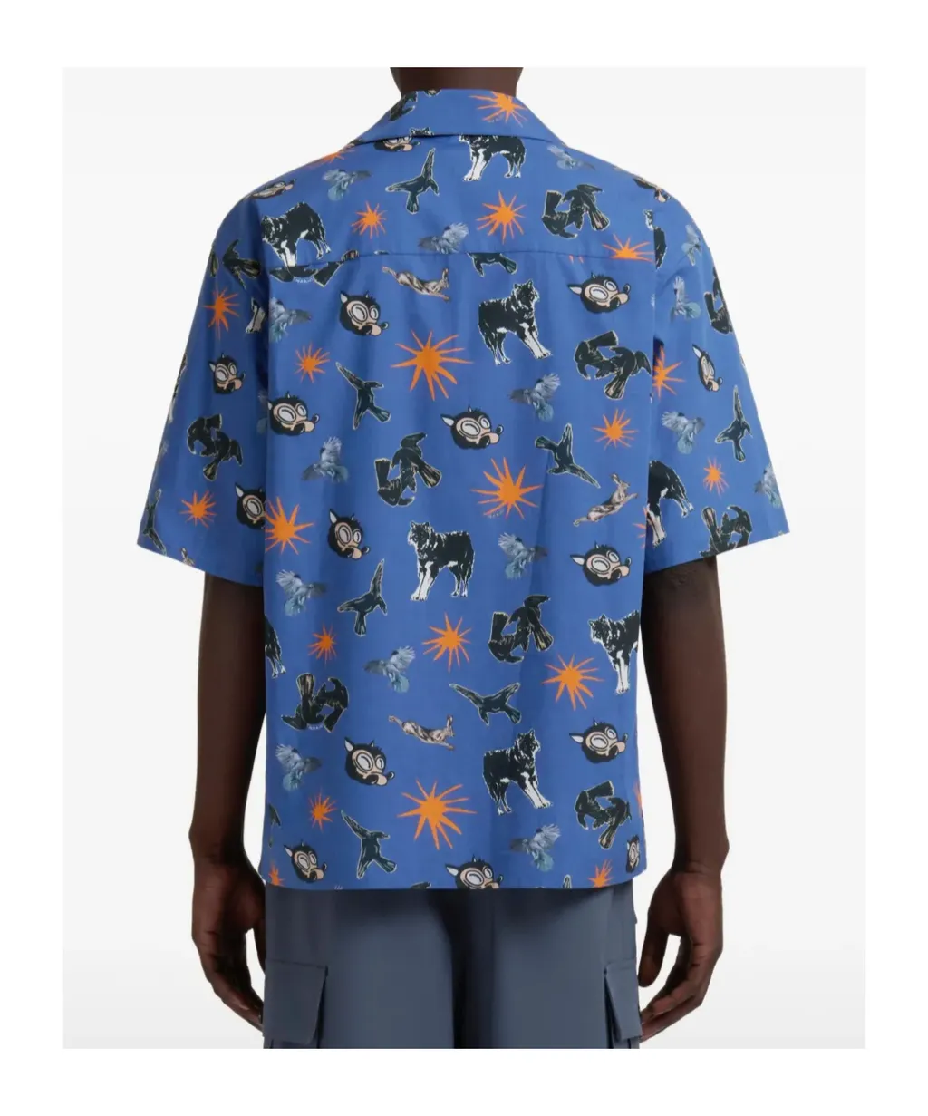 Poplin Bowling Shirt With Wolves, Ravens And Doves Print