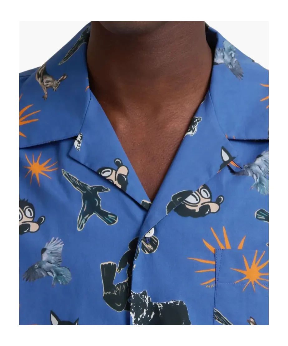 Poplin Bowling Shirt With Wolves, Ravens And Doves Print