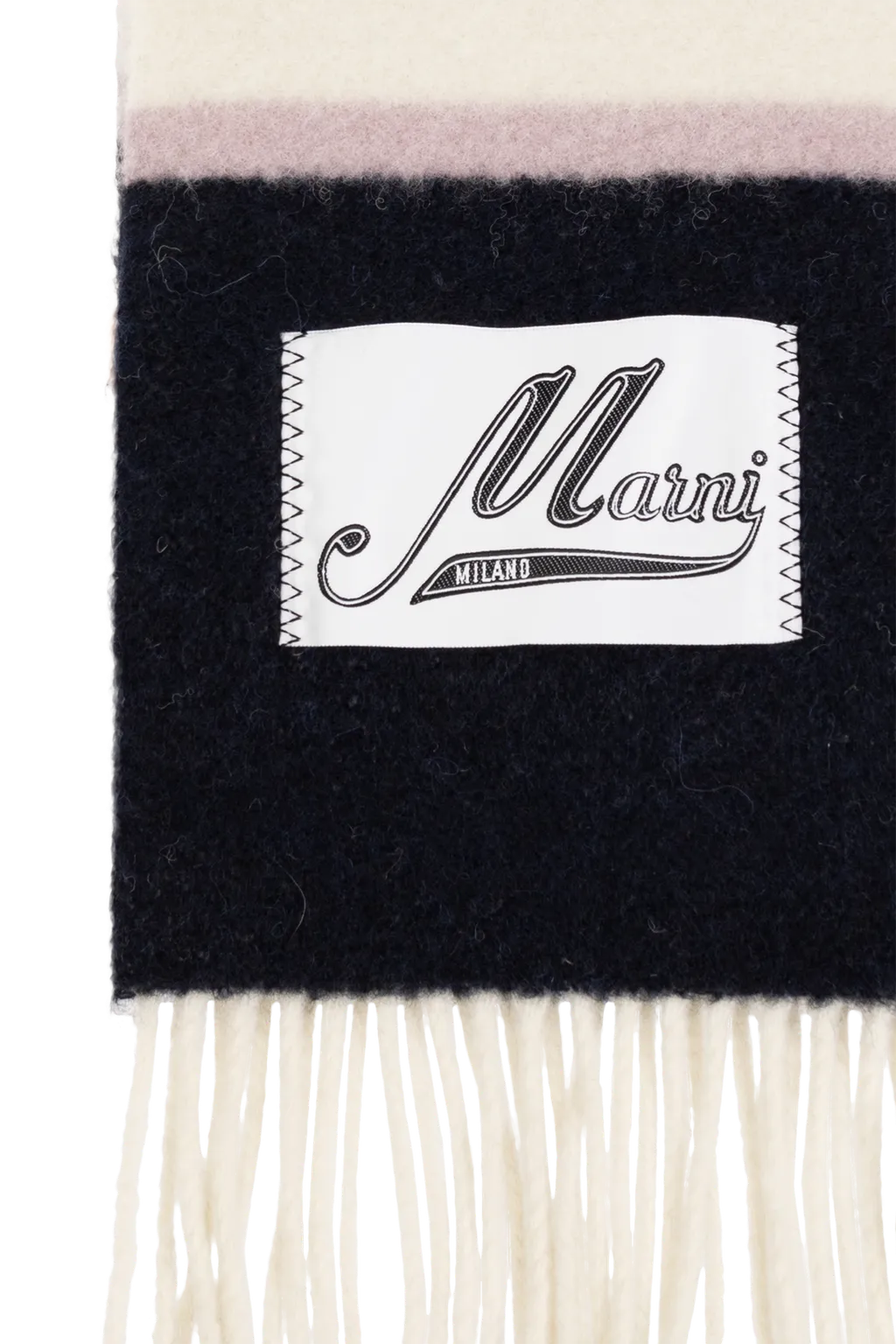 Logo Patch Striped Fringed Scarf