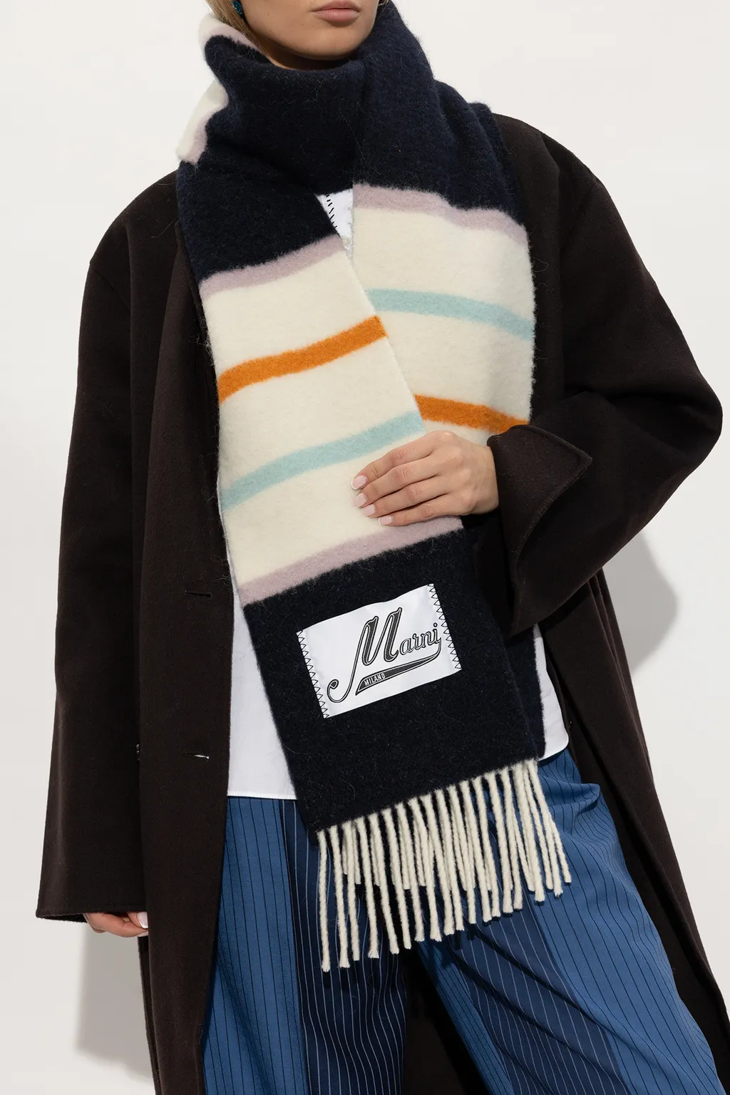 Logo Patch Striped Fringed Scarf