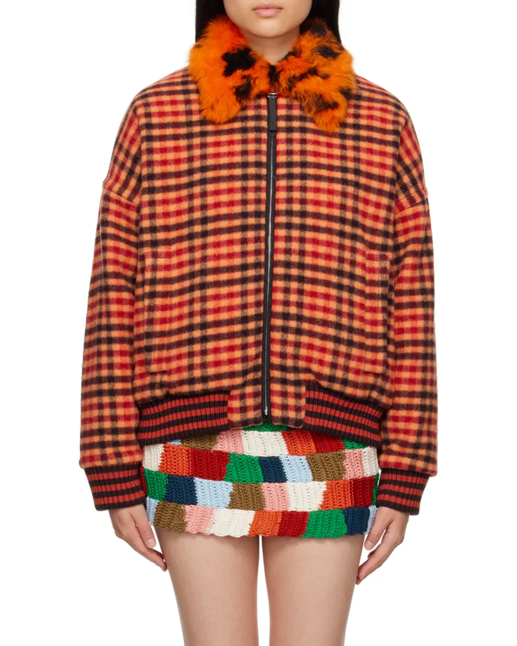 Shearling-Trim Checked Bomber Jacket
