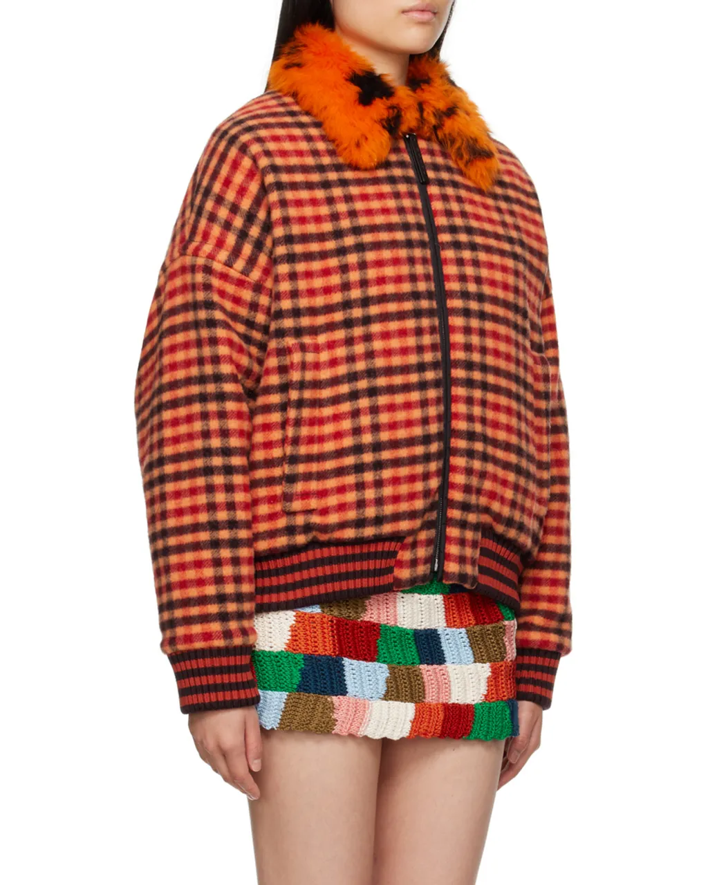 Shearling-Trim Checked Bomber Jacket
