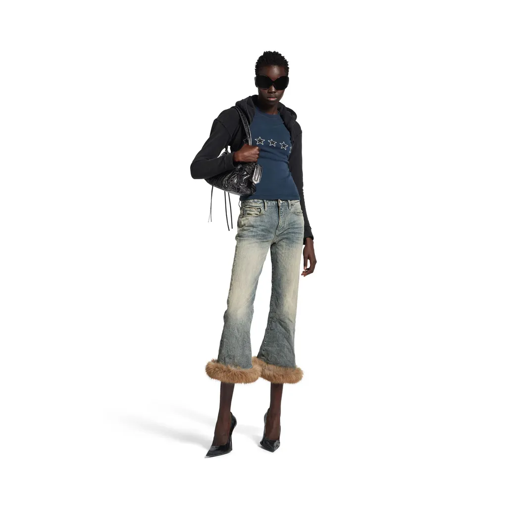Fur Trim Flared Capri Pants