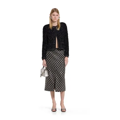 Embroidered Wool Tweed Lamé Skirt