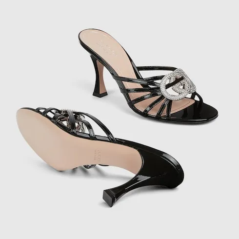 Slide Sandal With Crystal Interlocking G