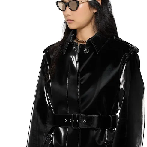 Velvet Effect Leather Trench Coat