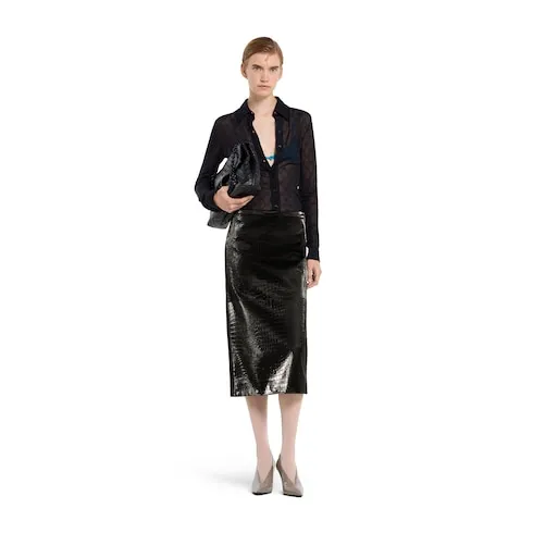 Velvet Effect Leather Midi Skirt