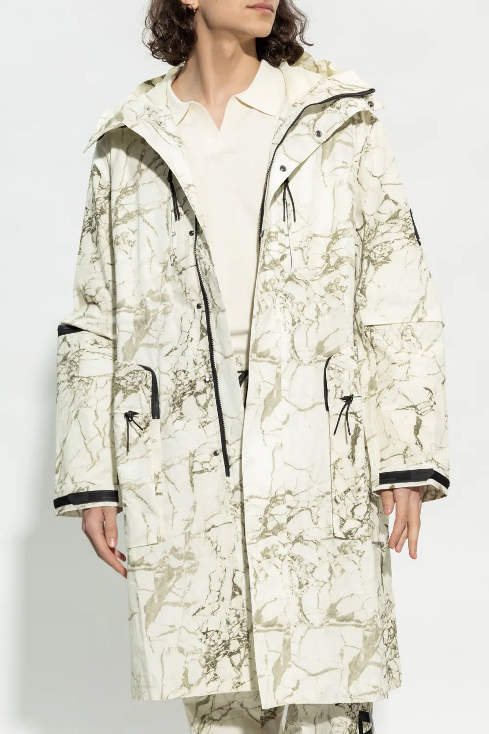 Marbled-Print Hooded Parka Coat