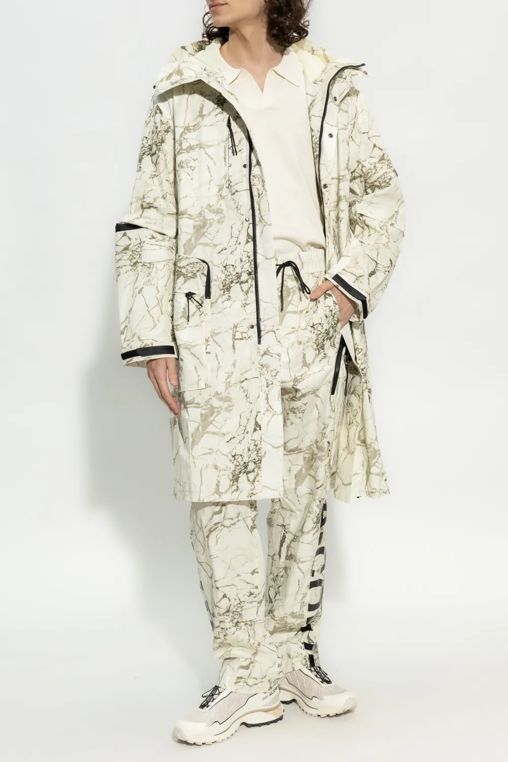 Marbled-Print Hooded Parka Coat