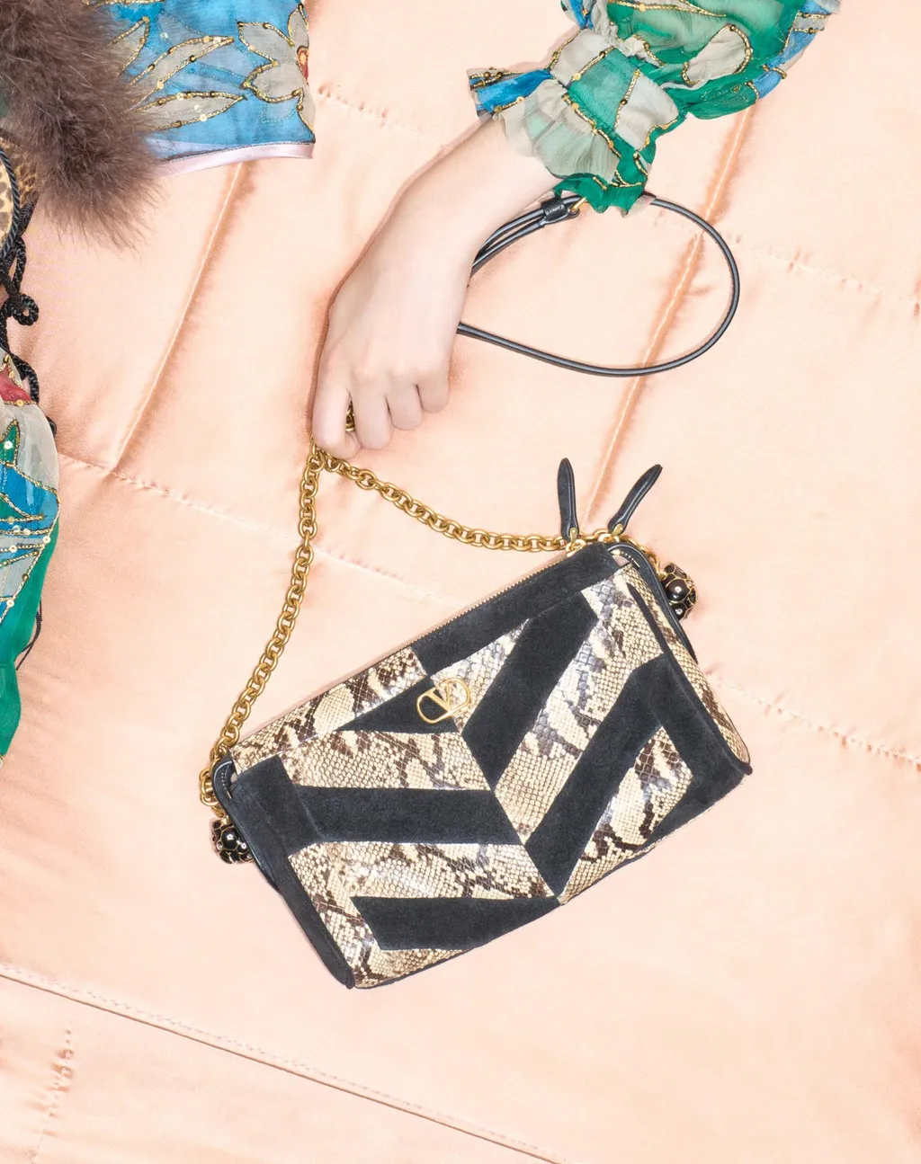 Panthea Small Shoulder Bag In Python And Suede With A Chevron Pattern